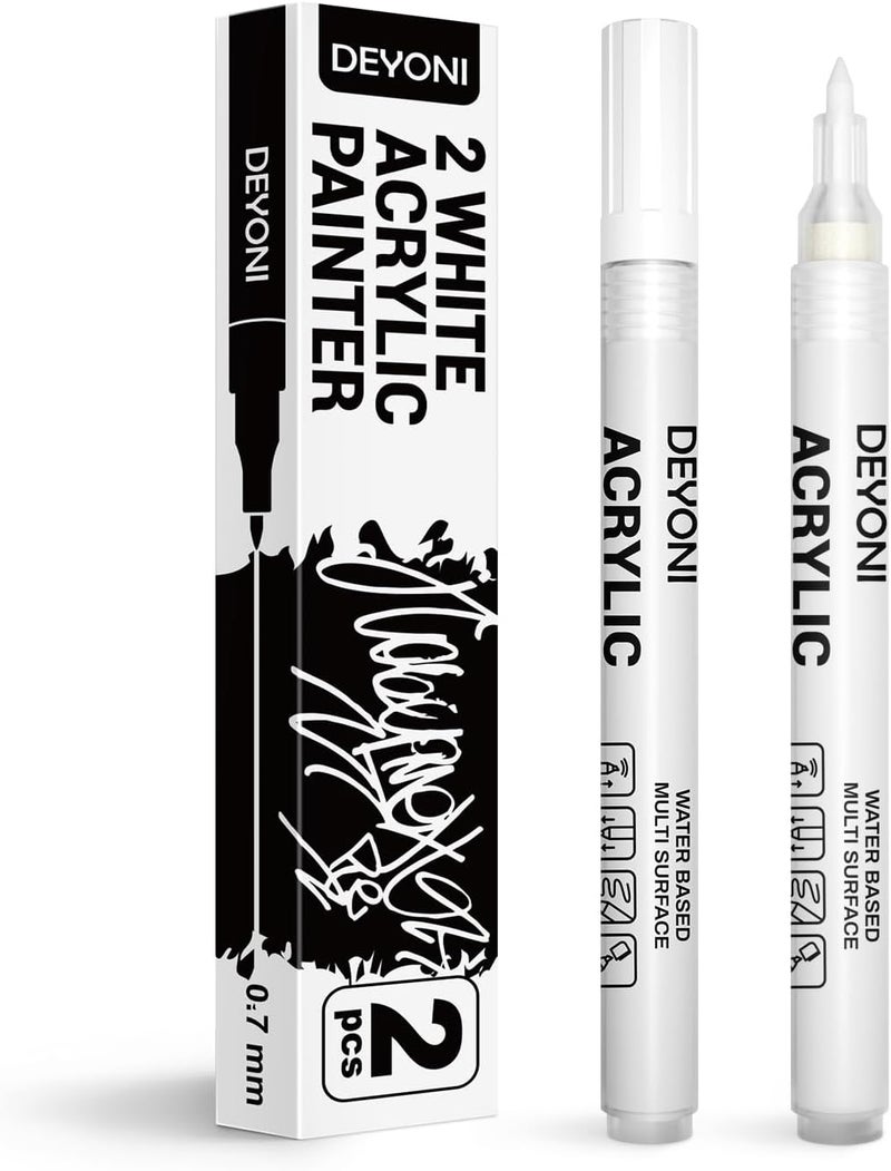 DEYONI 2 PCS White Acrylic Paint Pens, 0.7 mm Extra Fine Tip, Water Based Acrylic Markers for Wood, Black Paper, Rock Painting, Stone, Adult Painting - Image 1